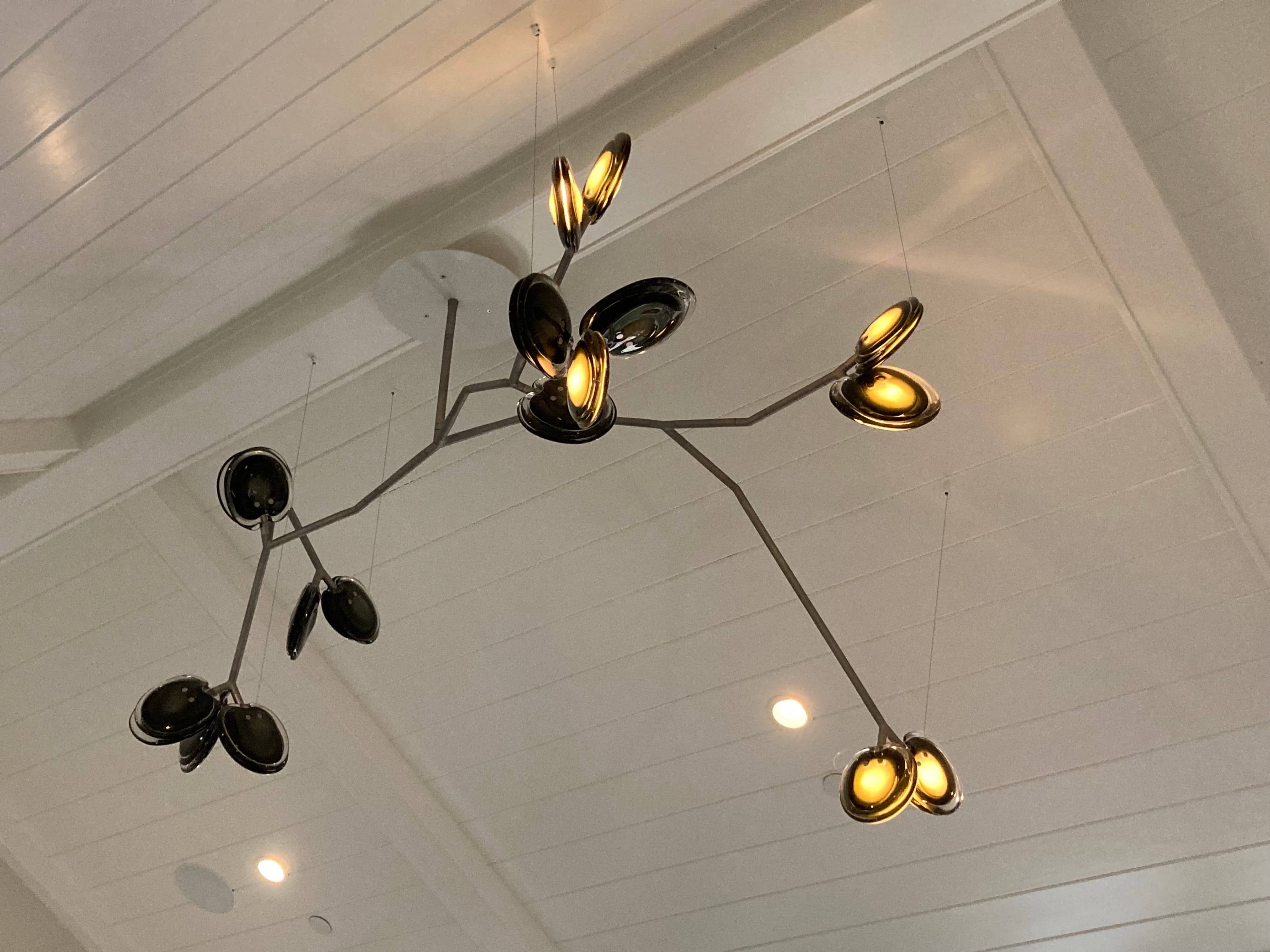 The Bocci Armature Chandelier T16.17aA1 by Bocci features multiple black branches with round, illuminated bulbs extending from a central base, offering a modern ceiling light fixture design inspired by contemporary aesthetics.