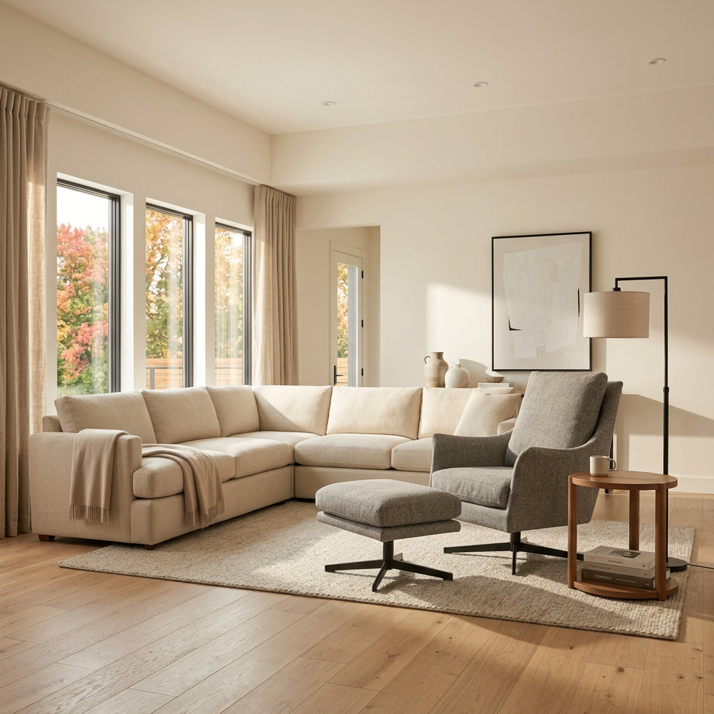 Flexform Boss armchair and ottoman set, upholstered in gray fabric, against a white background.
