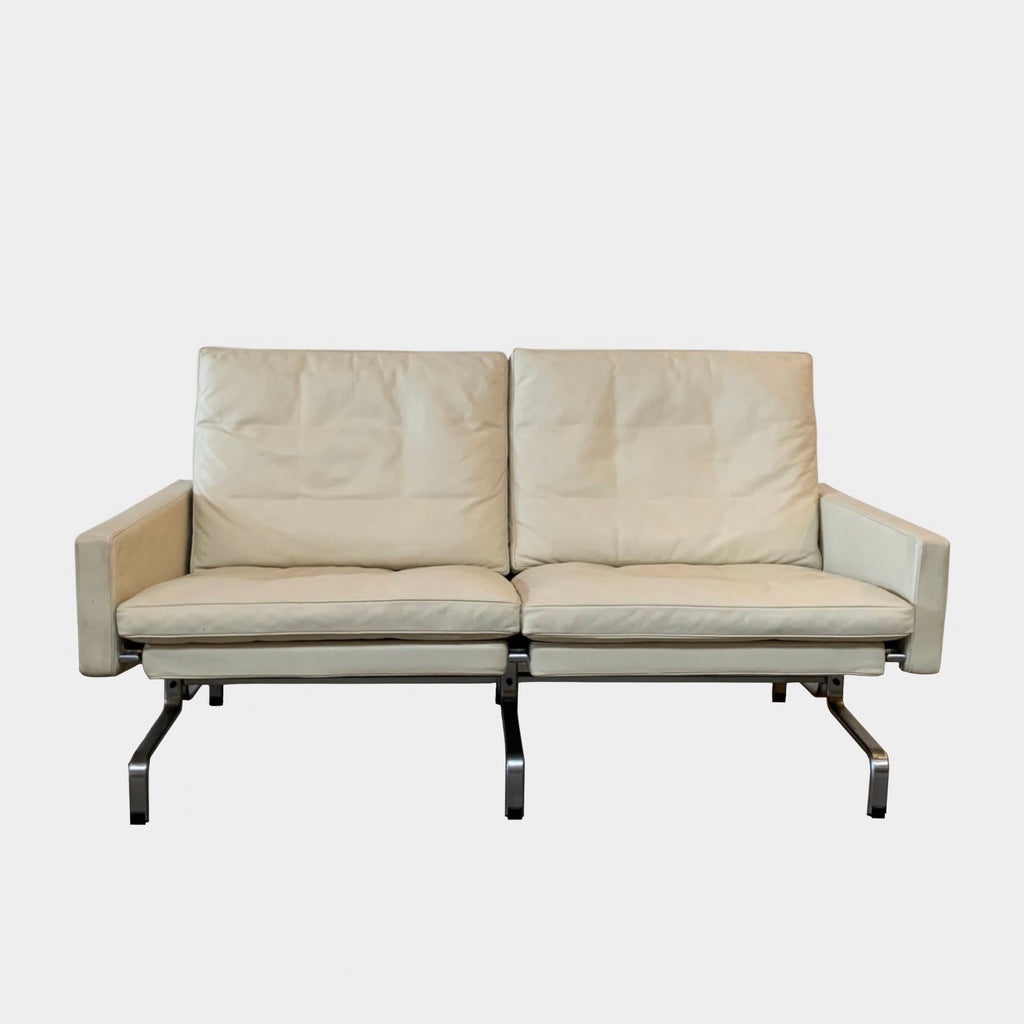 A Fritz Hansen PK 31 Leather Settee by Poul Kjaerholm with metal legs against a white background.