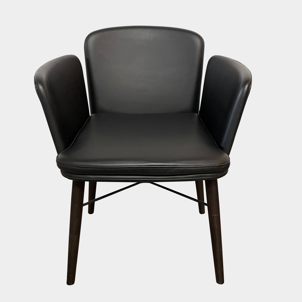 The Lema Tabby Leather Armchair by Lema features a black leather shell, accentuated by dark brown wood legs.
