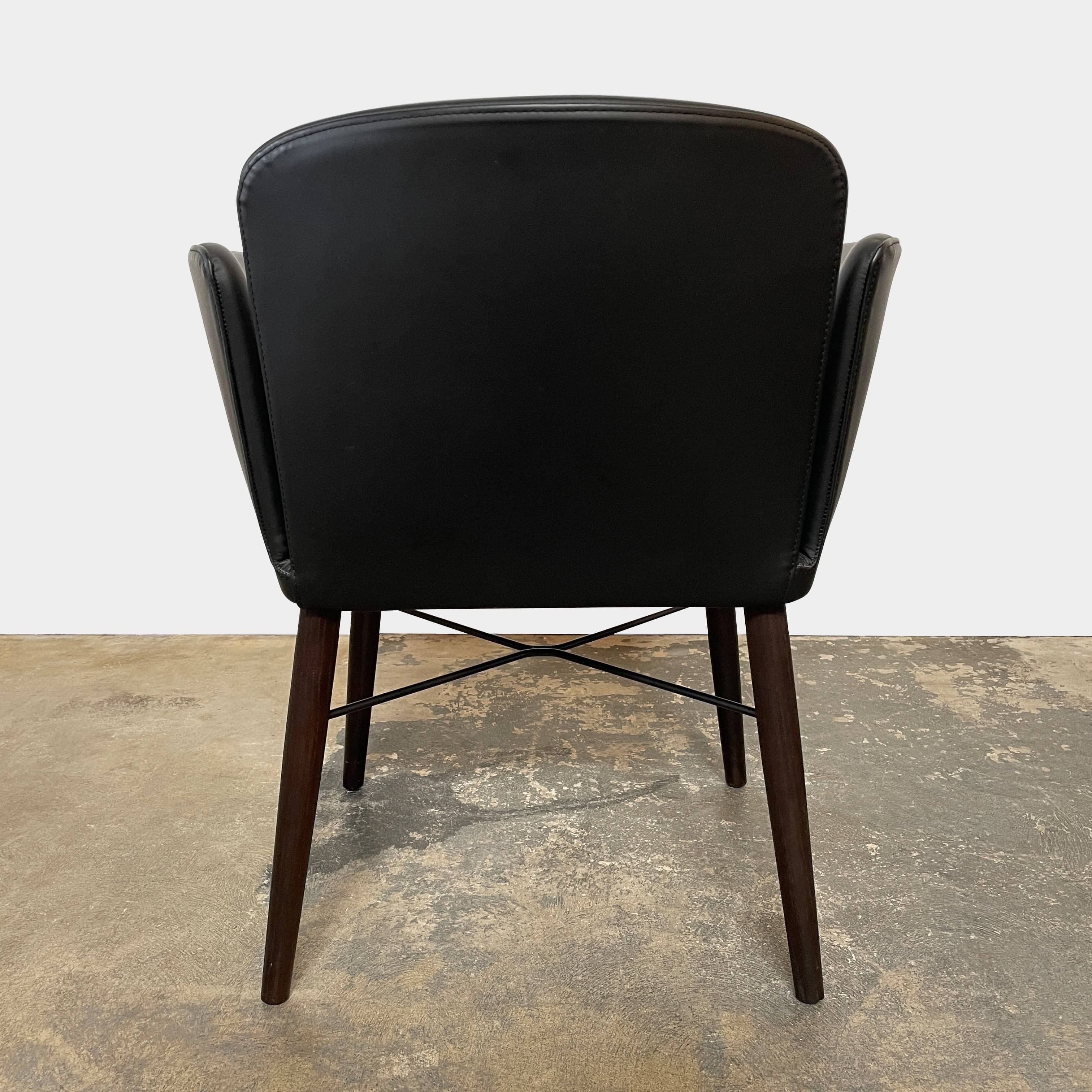 The Lema Tabby Leather Armchair by Lema features a black leather shell, accentuated by dark brown wood legs.