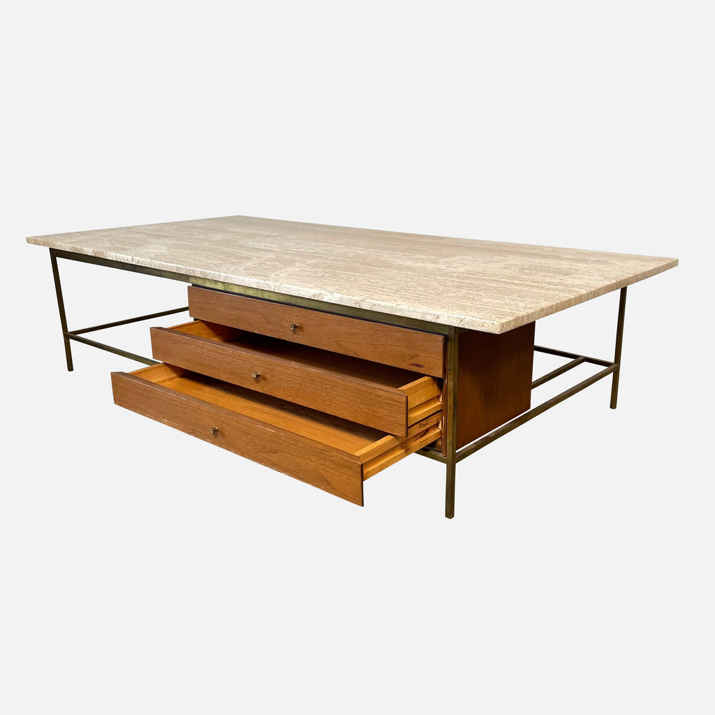 A Calvin Furniture Irwin coffee table with a marble top and metal legs designed by Paul McCobb.