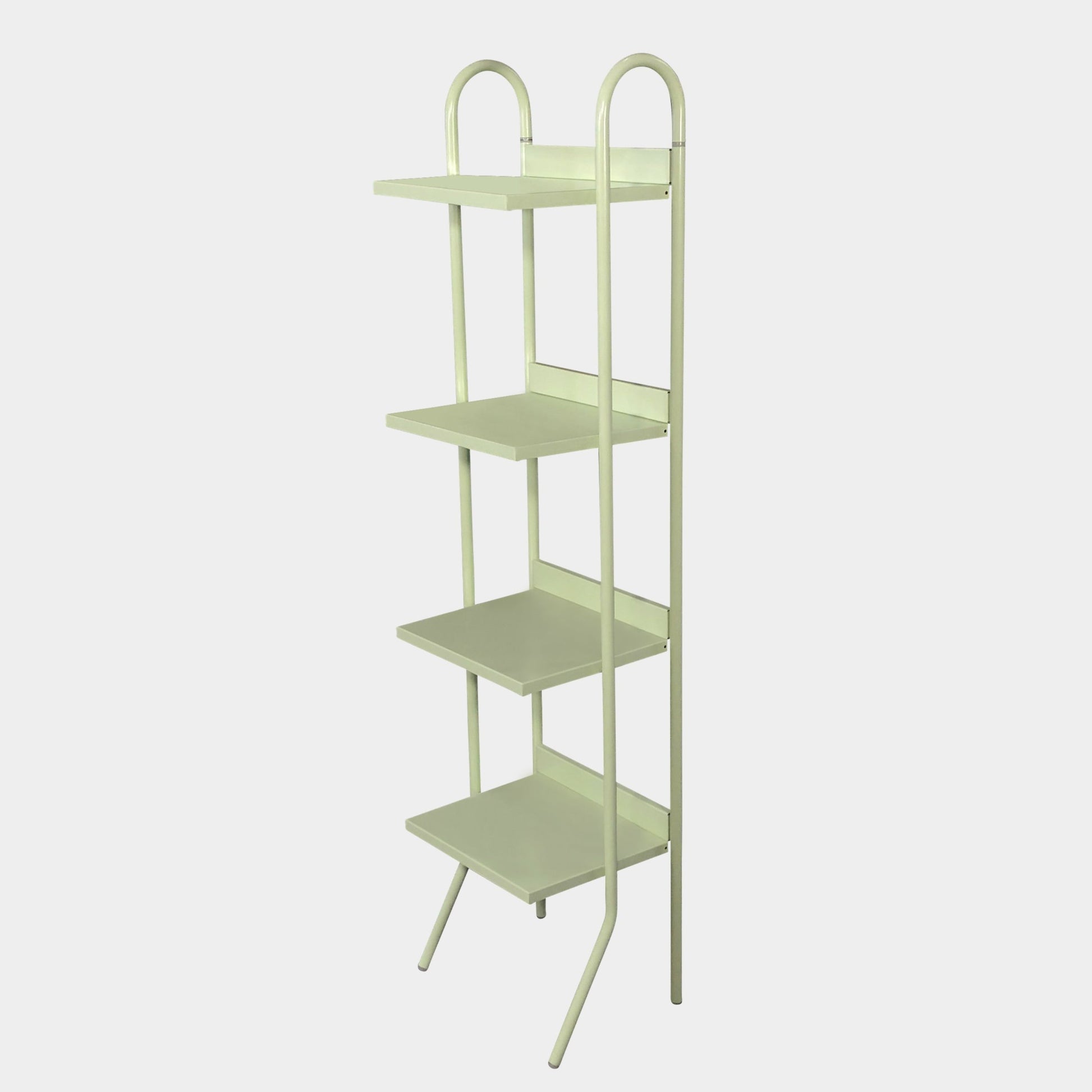 A tall, Driade Indoor/Outdoor Sea Foam Green Shelf with four rectangular tiers and two curved supports at the top, perfect for indoor/outdoor use.