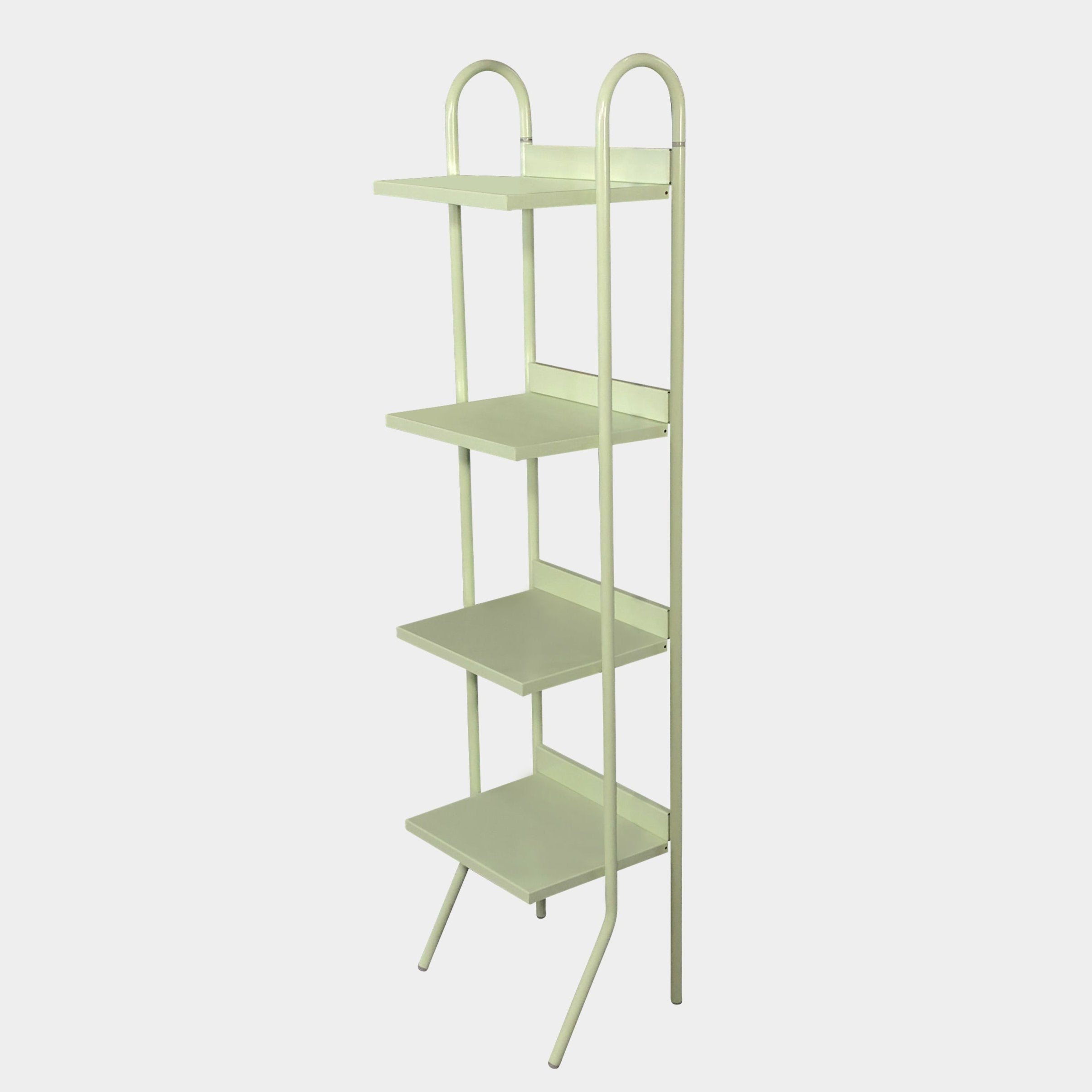 A tall, Driade Indoor/Outdoor Sea Foam Green Shelf with four rectangular tiers and two curved supports at the top, perfect for indoor/outdoor use.