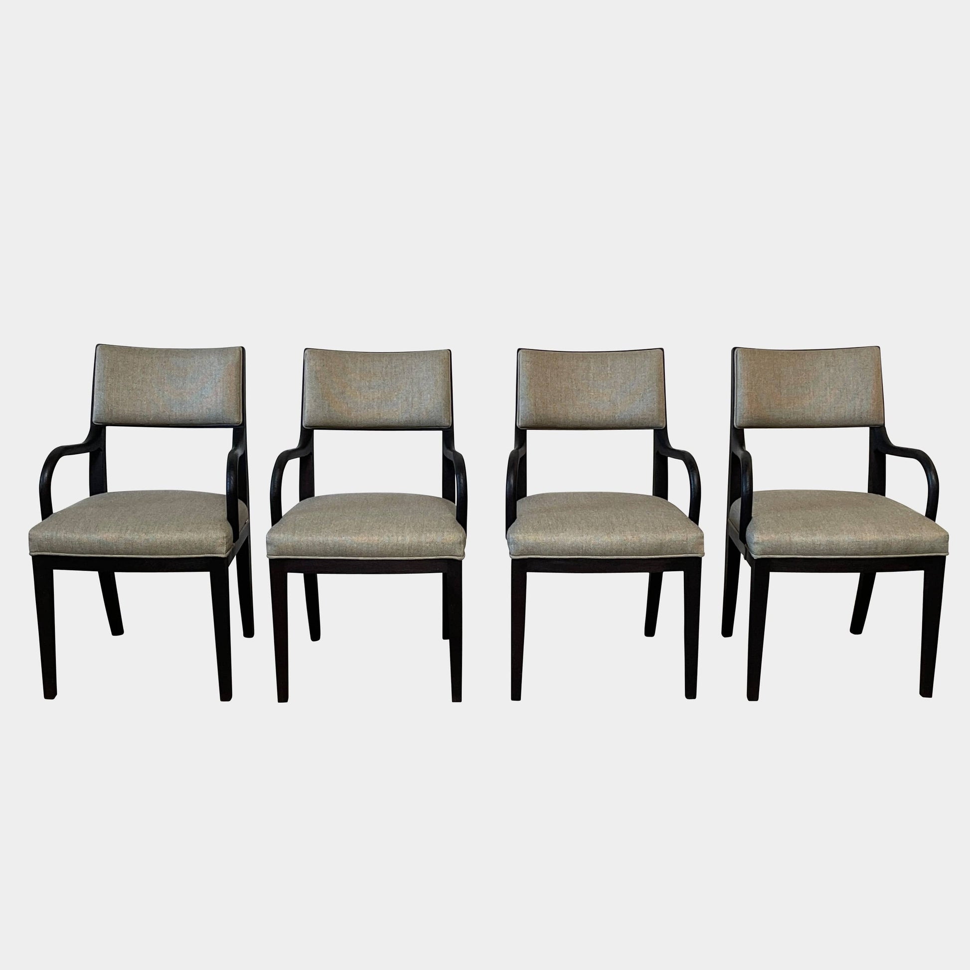 Maxalto Apta Dining Chair Set of 4 by Maxalto features dark wooden frames and light gray upholstered seats and backs, shown in a row against a plain white background.