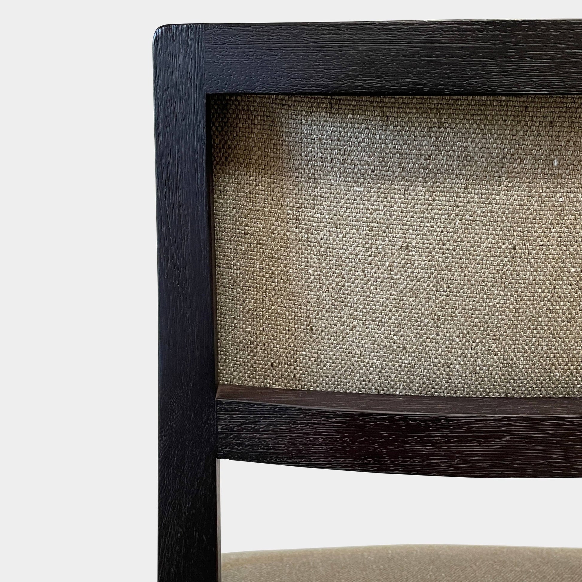 Maxalto Apta Dining Chair Set of 4 by Maxalto features dark wooden frames and light gray upholstered seats and backs, shown in a row against a plain white background.