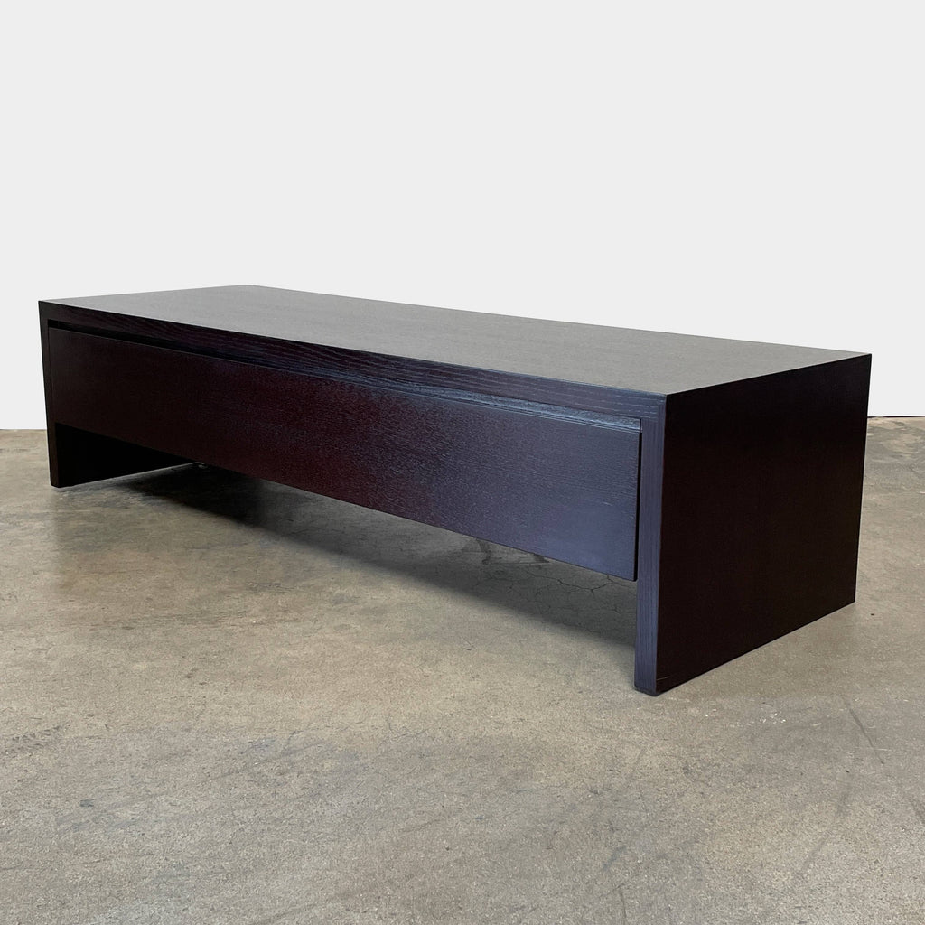 A dark brown Maxalto Low Console With Large Drawer on a white background.