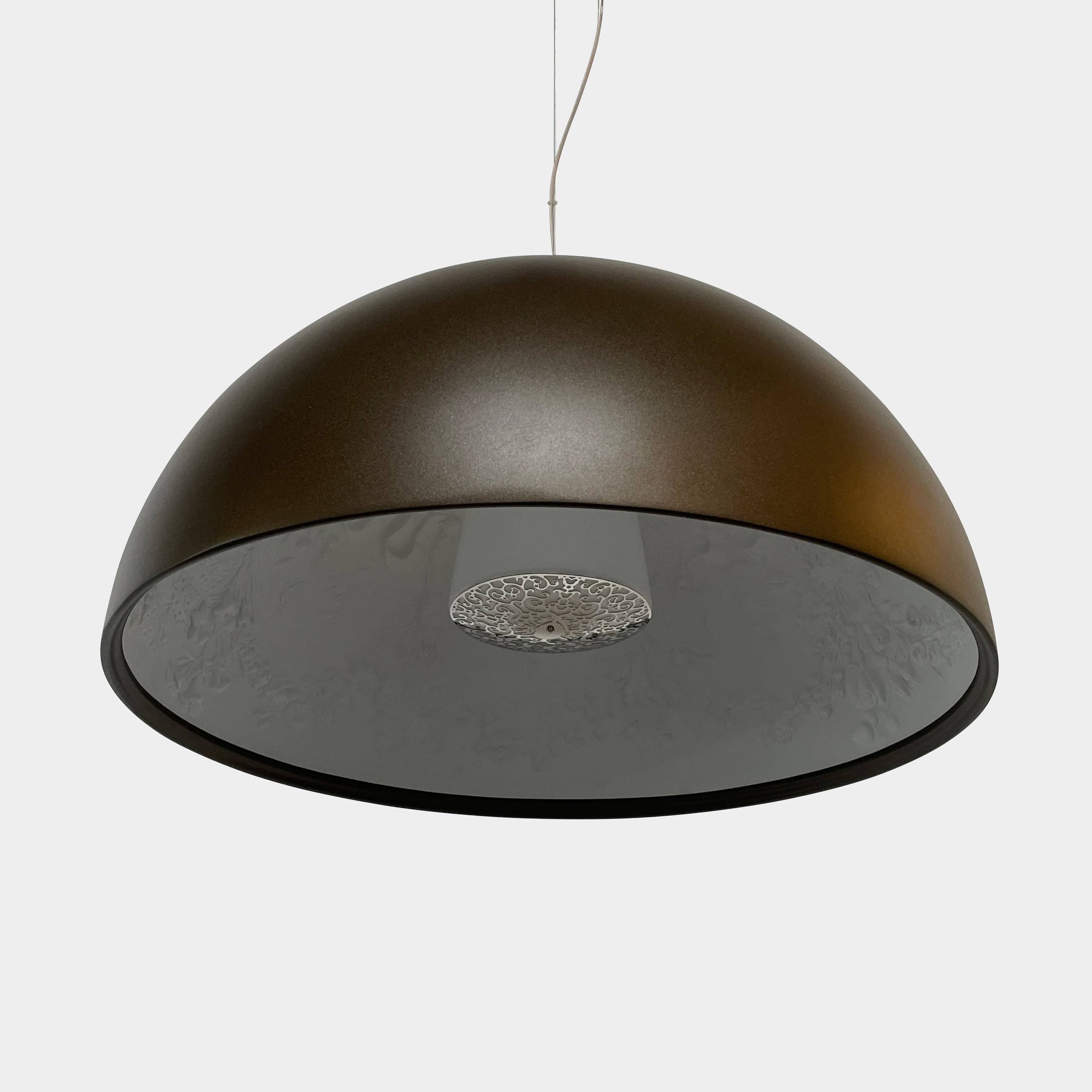 An ornate Flos Skygarden Suspension Light: Matte Rusty Brown pendant light with an interior shade.
