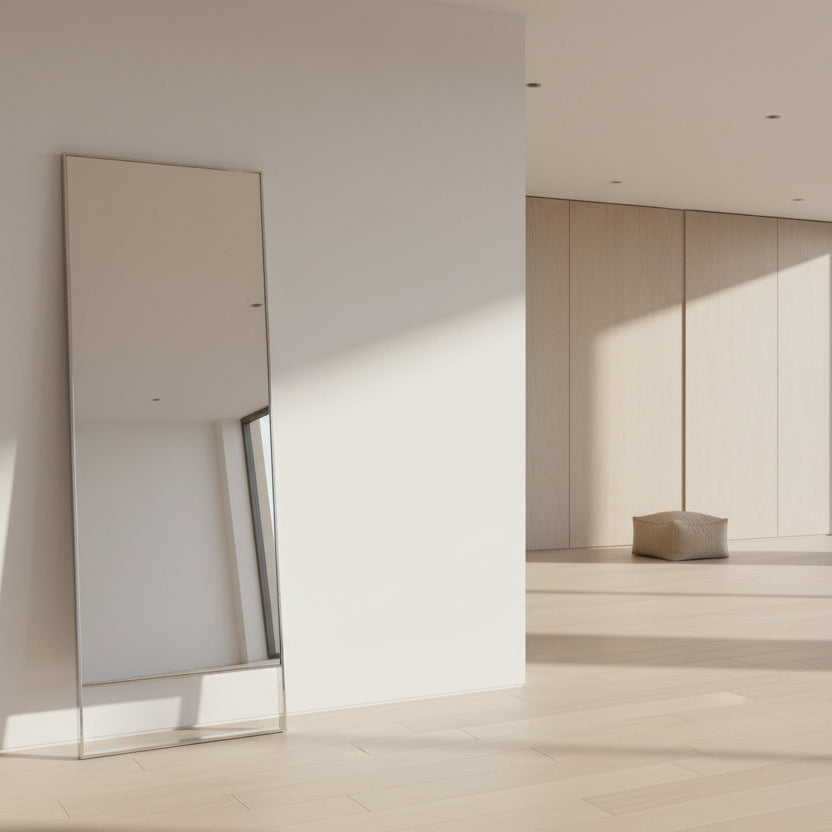 The Maxalto Psiche Mirror SMS1 Chrome, featuring a slim metallic frame, stands upright against a plain light gray background, reflecting the signature elegance of the Maxalto brand.