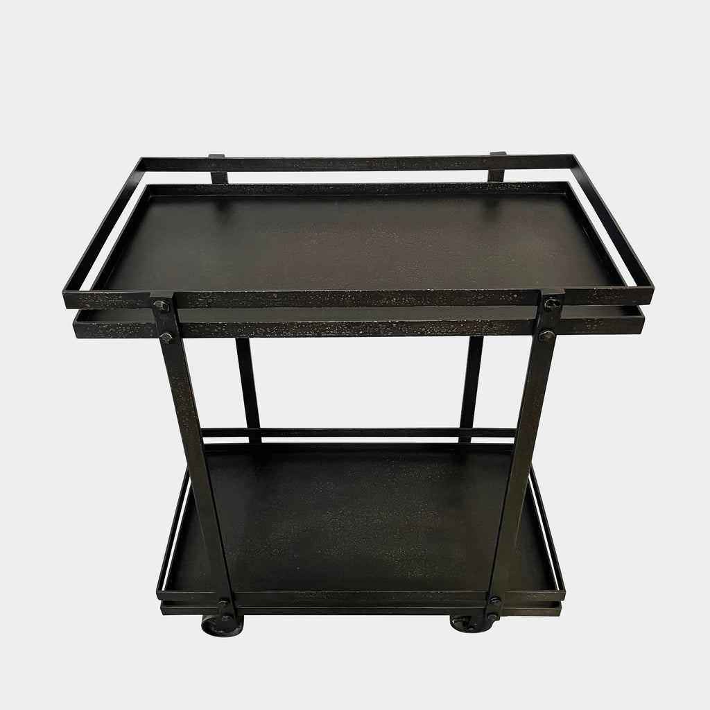 A RH Restoration Hardware Bar Cart with two shelves.