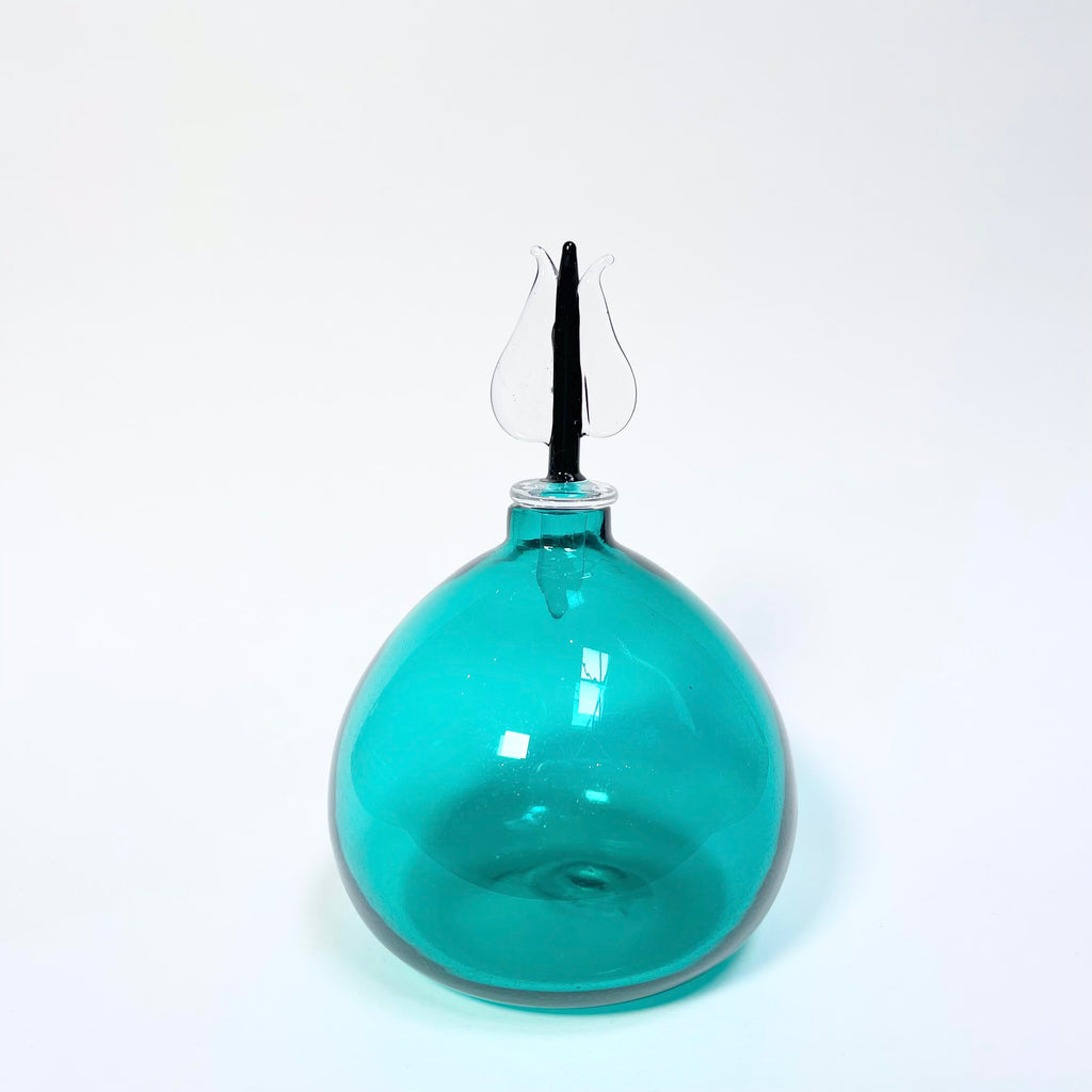 Aquamarine glass perfume bottle with trident stopper, Decor - Modern Resale