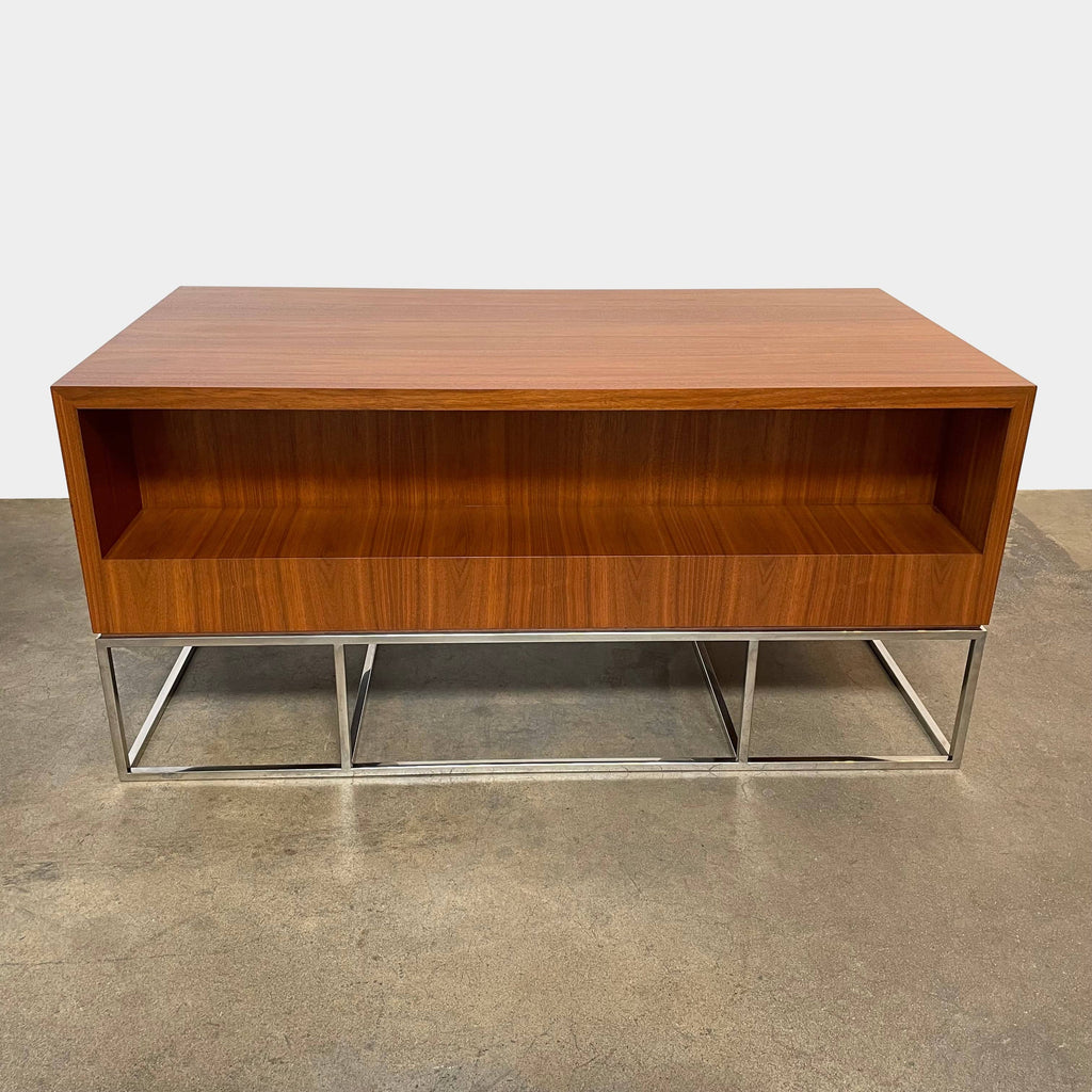 A Maxine Snider Inc. Library Desk with two drawers and a metal base.