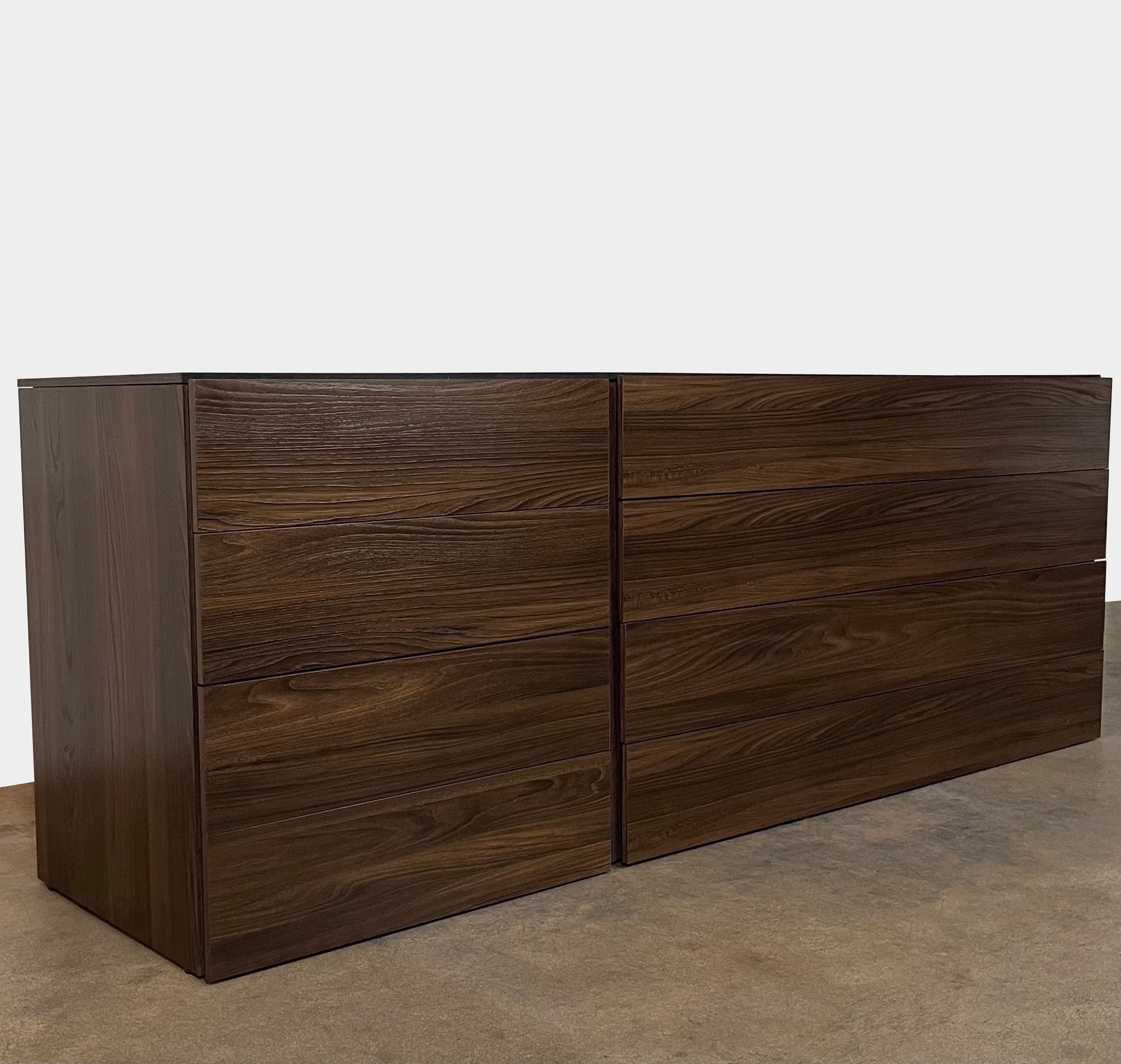 A Dall'Agnese Slim Chest of Drawers with two storage compartments, featuring an oak finish, placed on a white background.