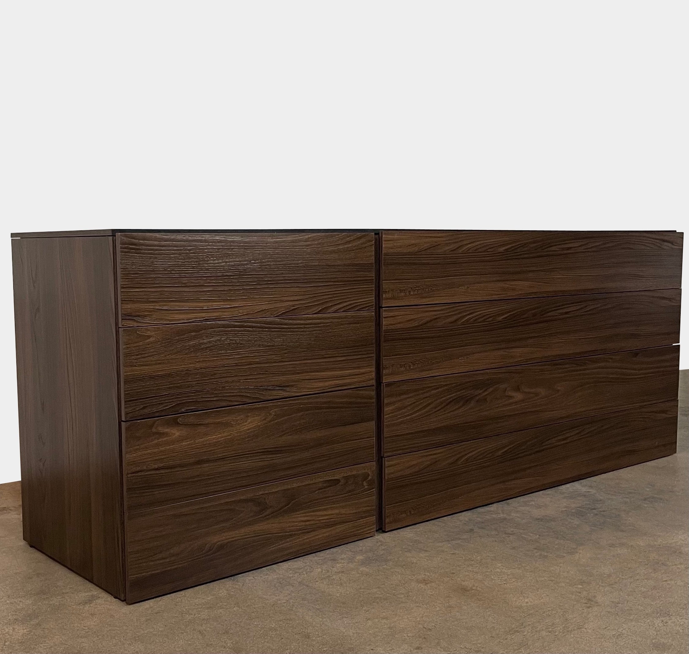 A Dall'Agnese Slim Chest of Drawers with two storage compartments, featuring an oak finish, placed on a white background.