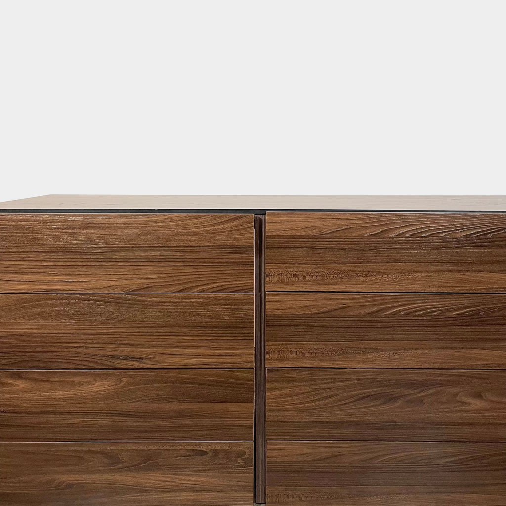 A Dall'Agnese Slim Chest of Drawers with two storage compartments, featuring an oak finish, placed on a white background.