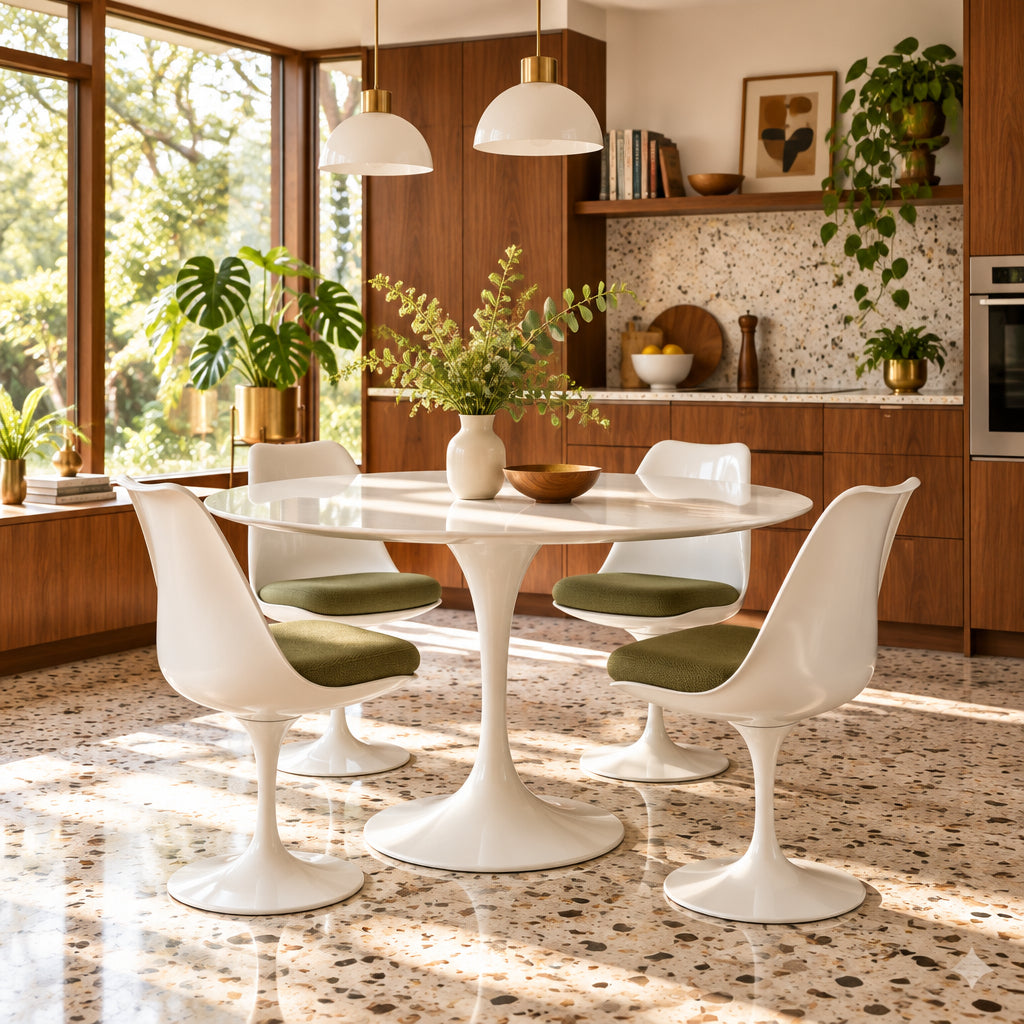 The Knoll Saarinen 47″ Dining Table, in white with a round top and single cast aluminum pedestal base, is shown against a plain white background.