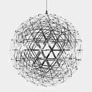 The Moooi Raimond II Pendant by Moooi features a spherical LED design with intersecting metal rods forming a geometric lattice structure, all elegantly suspended from a single cord.