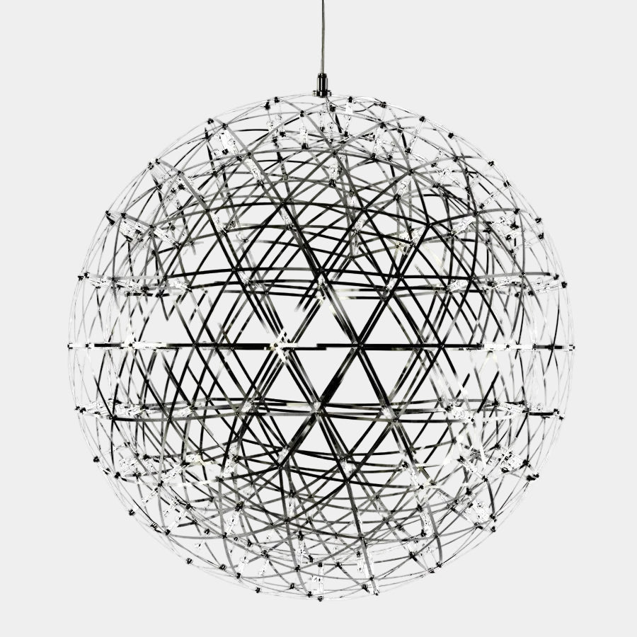 The Moooi Raimond II Pendant by Moooi features a spherical LED design with intersecting metal rods forming a geometric lattice structure, all elegantly suspended from a single cord.