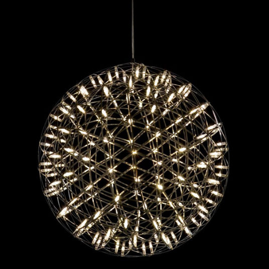 The Moooi Raimond II Pendant by Moooi features a spherical LED design with intersecting metal rods forming a geometric lattice structure, all elegantly suspended from a single cord.