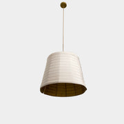 A modern suspension light featuring a white textured shade and a golden interior, suspended by a slender gold chain from Italian Vintage Ligne Roset Pharaoh Pendant.