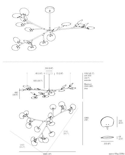 The Bocci Armature Chandelier T16.17aA1 by Bocci features multiple black branches with round, illuminated bulbs extending from a central base, offering a modern ceiling light fixture design inspired by contemporary aesthetics.