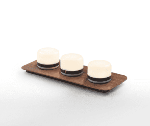 Three Luna Firefly Portable Lights on a wooden stand with a white background.