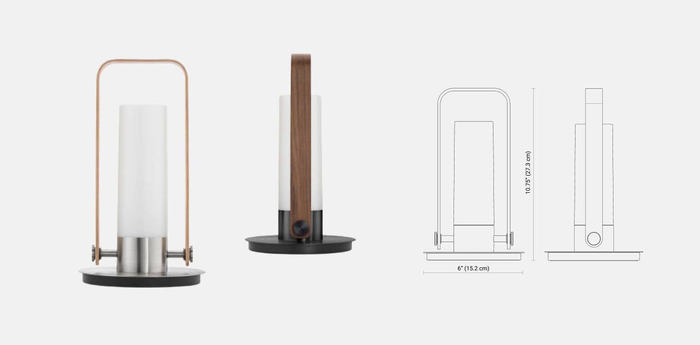 A Luna Lantern Portable Light with a wooden base and a glass cylinder.